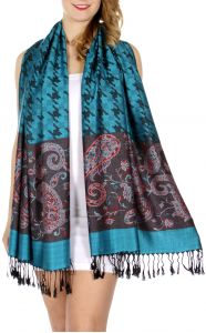 serenita D20 Houndstooth Paisley Pashmina Turquoise