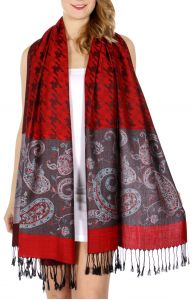 serenita D20 Houndstooth Paisley Pashmina Red