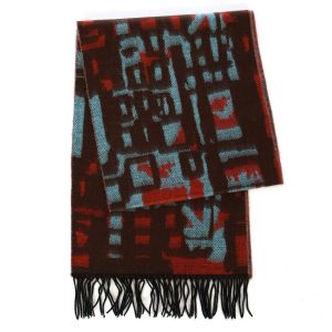SERENITA O59A Cashmere Feel square pattern scarf w/ fringe Blue Brown fashionunic